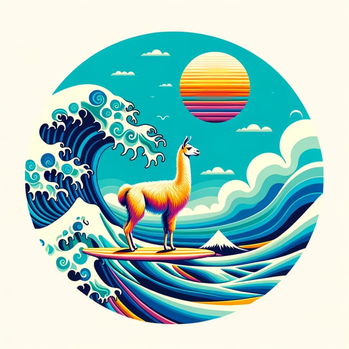Surreal Lama Riding Surfboard in Ocean Wave Art