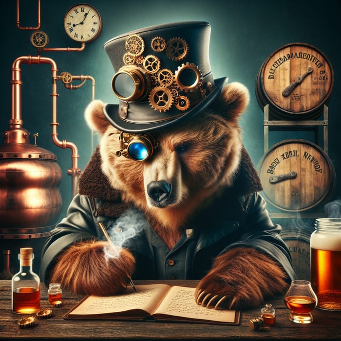 Steampunk Bear Brewmaster: Mad Bald Beer Brewer & Whisky Taster