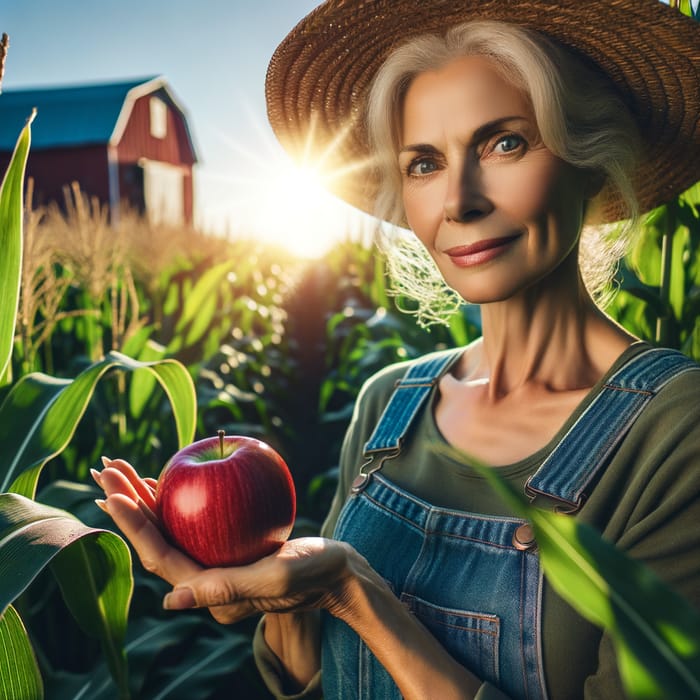 Middle-Aged Female Farmer in Vibrant Cornfield