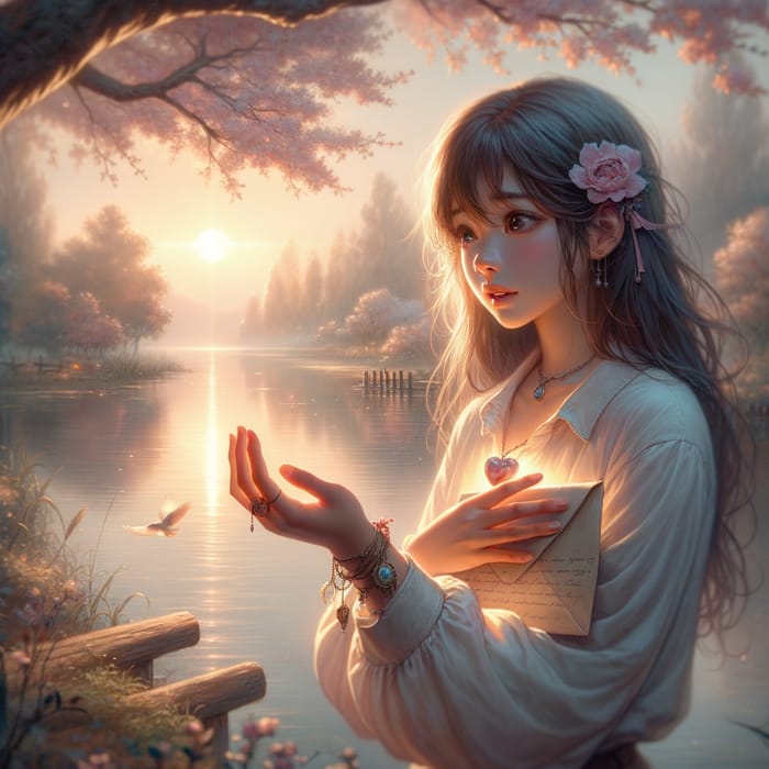 First Time Love: Young Woman by Tranquil Sunset Lake