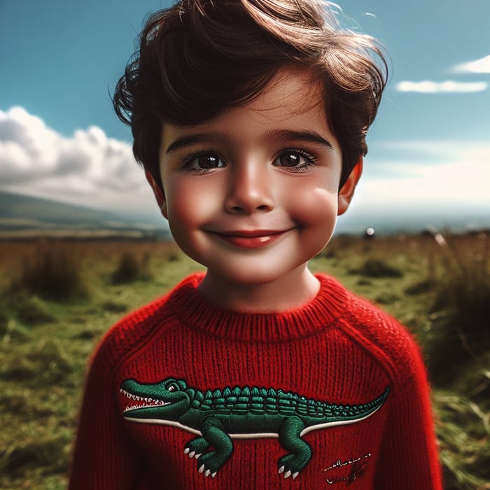 Young Hispanic Boy in Red Sweater Outdoors | Lush Grass & Clear Blue Skies