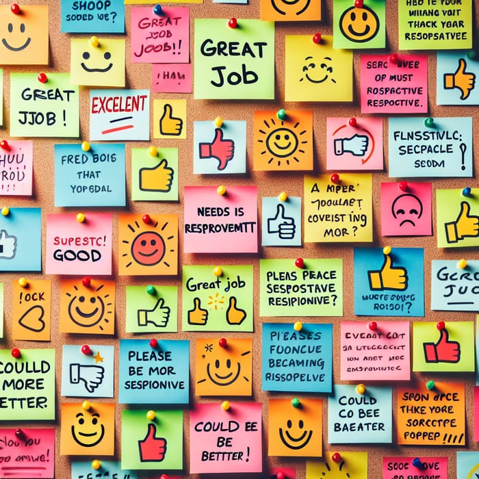 Customer Feedback Messages: Colorful Variety on Corkboard