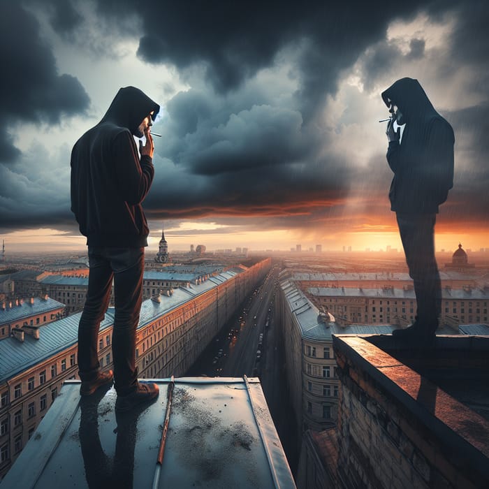 Man Contemplates Cityscape under Stormy Sky with Sinister Shadow Companion | Moody Urban Scene