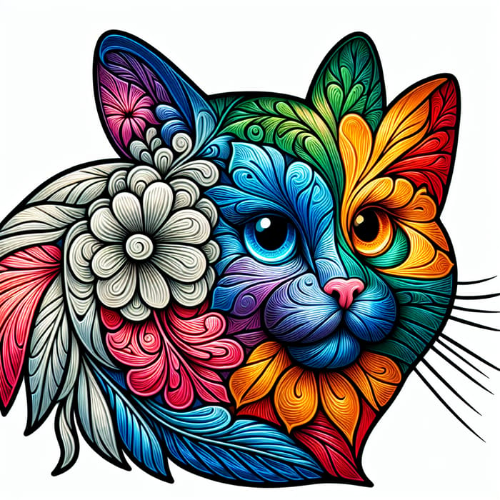 Colorful Glass Cat Engraving with Half Flower Design