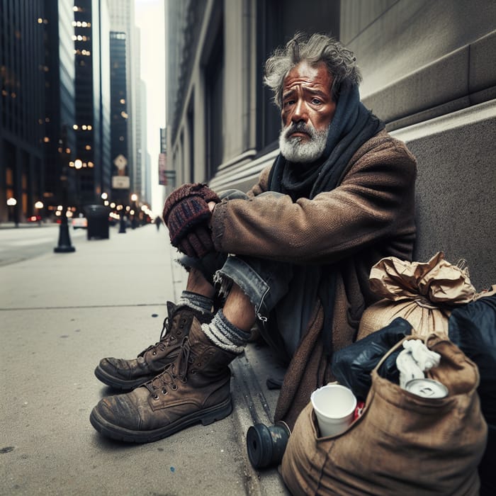 Financially Struggling Homeless Man: Portrait of Poverty