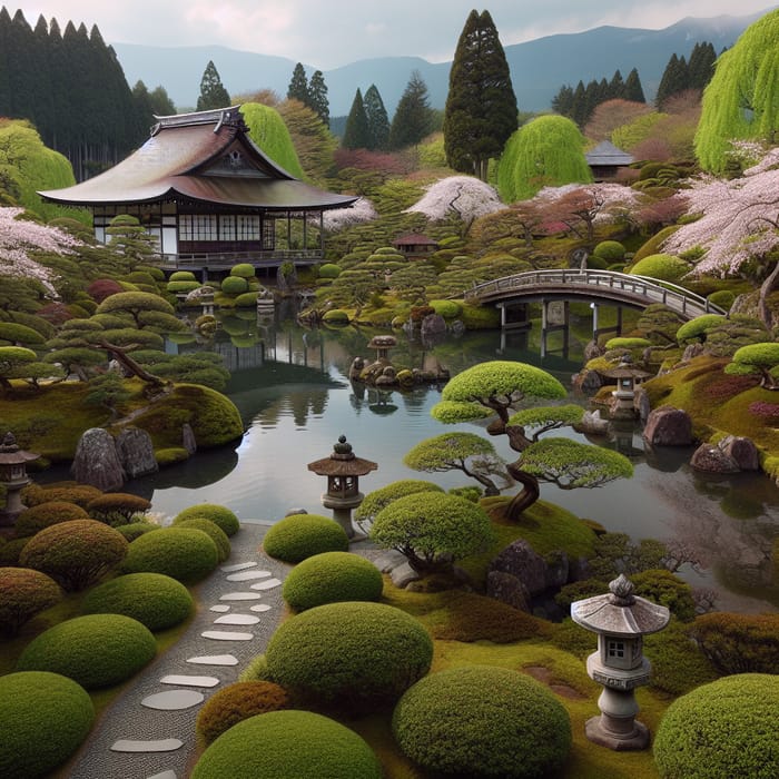 Serene Japanese Garden in Aomori: Walking Paths, Tea House