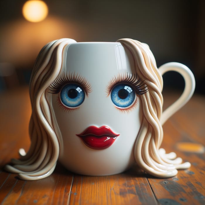 Beautiful Anthropomorphic Cup with Blue Eyes, Blonde Hair, and Red Lips
