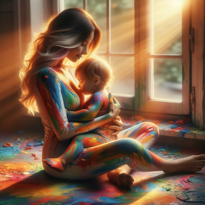 Rainbow Breastfeeding: Serene Moment in Chaos of Colors