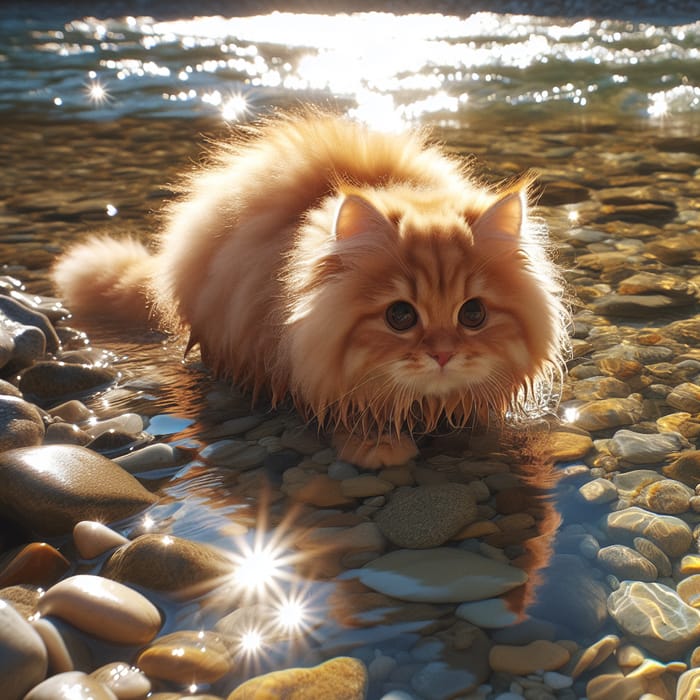 Curious Orange Tabby Cat Exploring Water