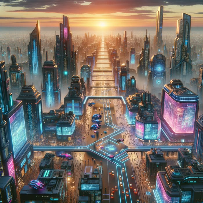 Neon Cyberpunk Cityscape at Sunset: Sci-Fi Streets & Drones
