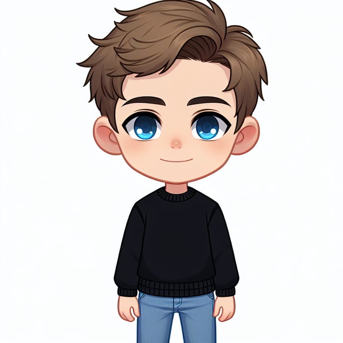 Cute Blond Boy with Blue Eyes, Black Sweater, and Cartoon Denim Pants