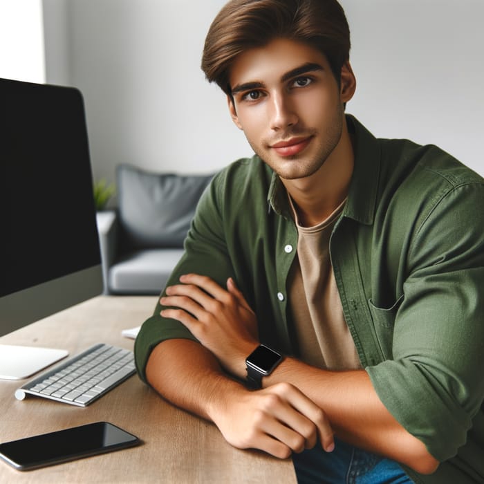 Young man in green shirt at desk with computer, smiling at camera