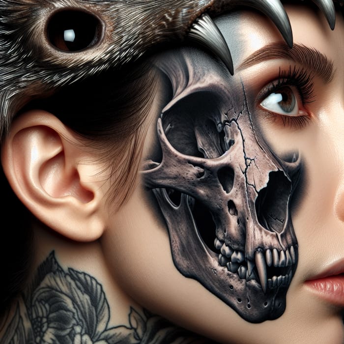 Woman's Face with Skull and Animal Head Helmet Realism Blackwork Tattoo