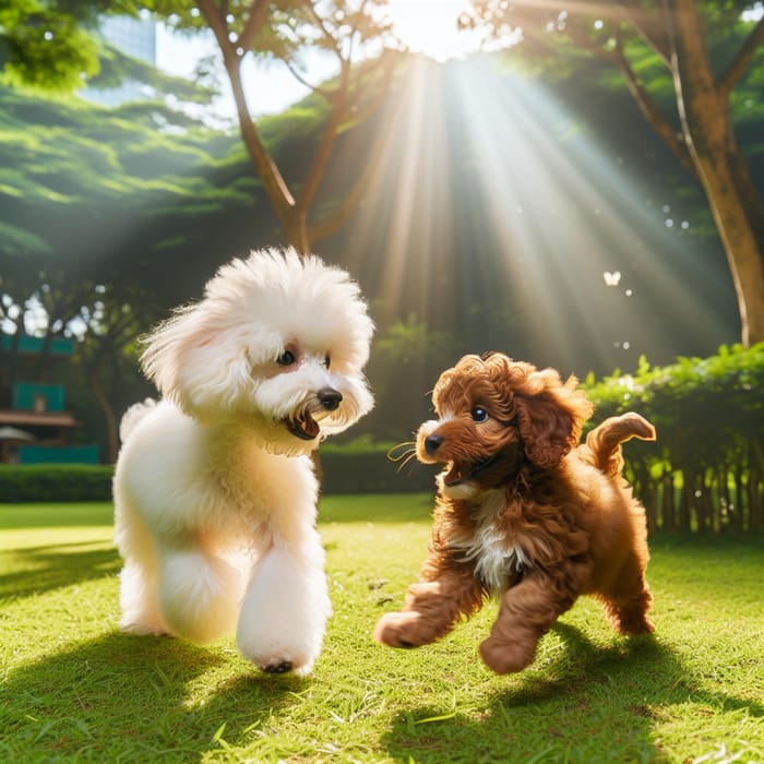 White French Poodle and Brown Golden Doodle Playing Together