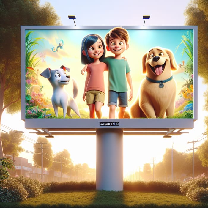 Enchanting Scene of Kids, Pets, and a Billboard in Pixar Style