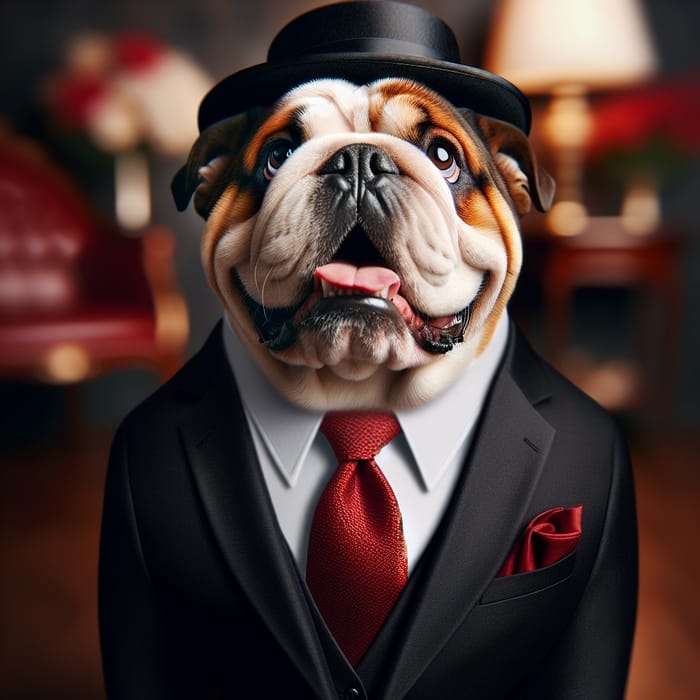 Elegant Bulldog in Black Suit with Red Tie - Professional Portrait