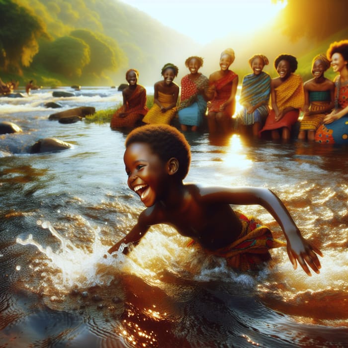 Serenity of a River: Young Girls Celebrating by the African Riverbank