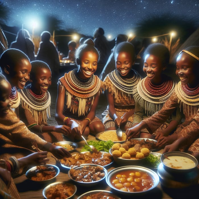 African Young Girls Enjoying Traditional Village Feast at Night Under Starlit Sky