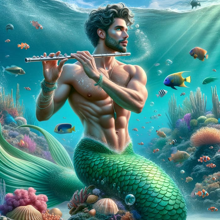 Enchanting Merman Playing Seashell Flute in Coral Reef