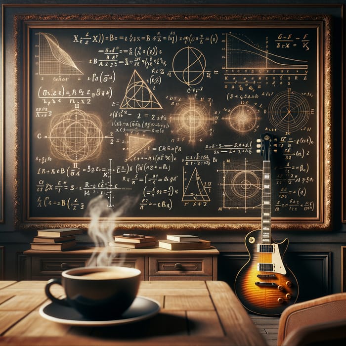 Integrals on Chalkboard, Coffee & Guitar in Study Room