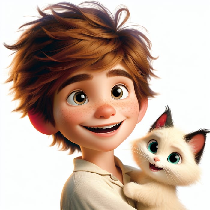 Youthful Pixar Style Boy with Brown Hair and Blonde Kitten