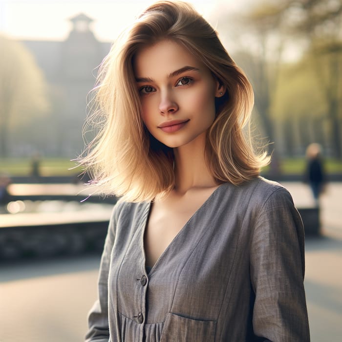 Young European Blonde Woman Stylishly Strolling in Urban Park