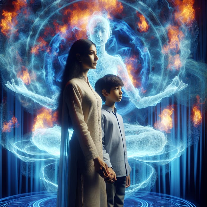 Ethereal Blue Hologram: Woman and Brother in Mystical Flames