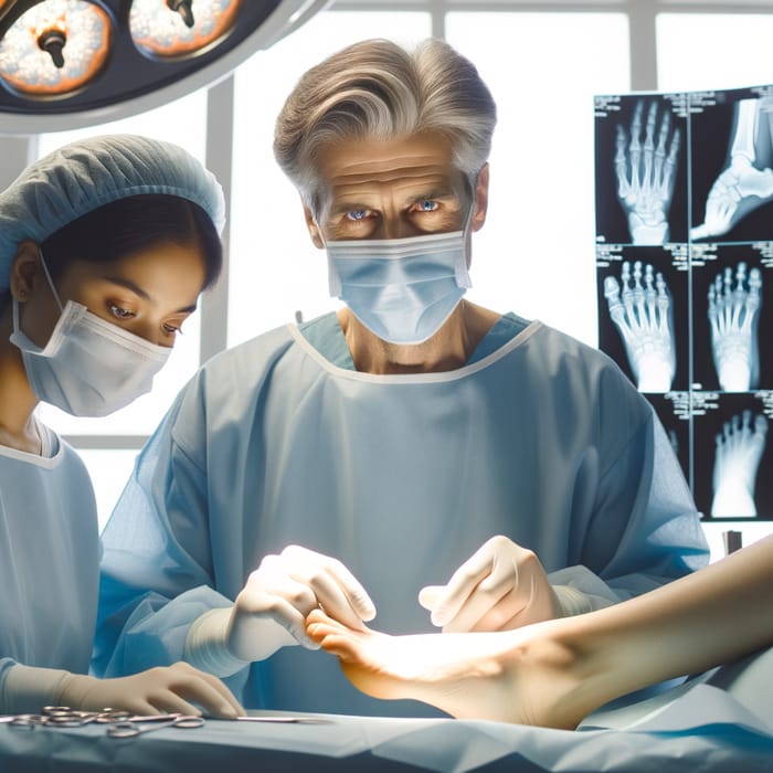 Experienced Grey-Haired Surgeon in Sterile Room Operating on Foot