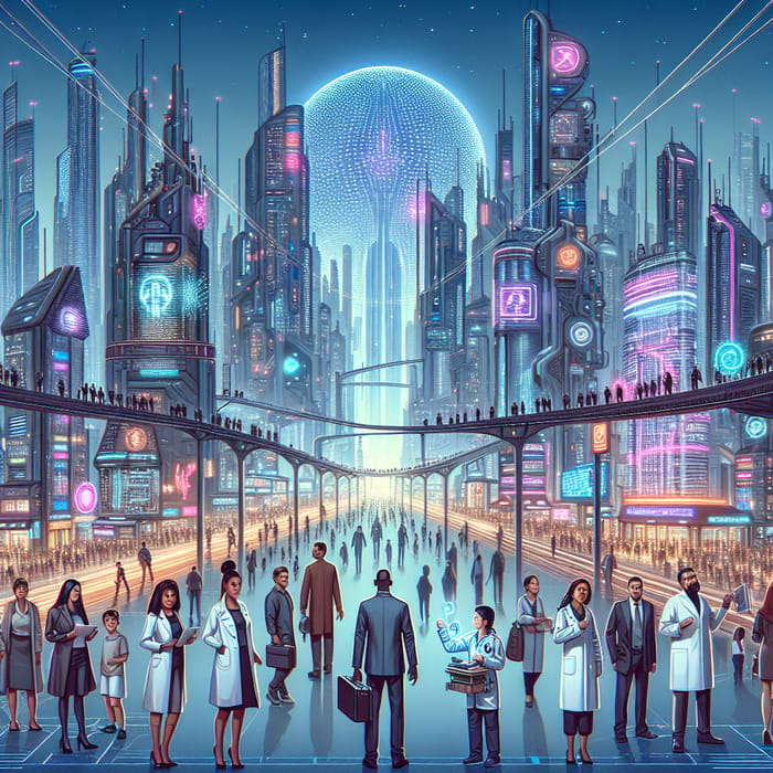 Futuristic Cybernetic Cityscape with Diverse People