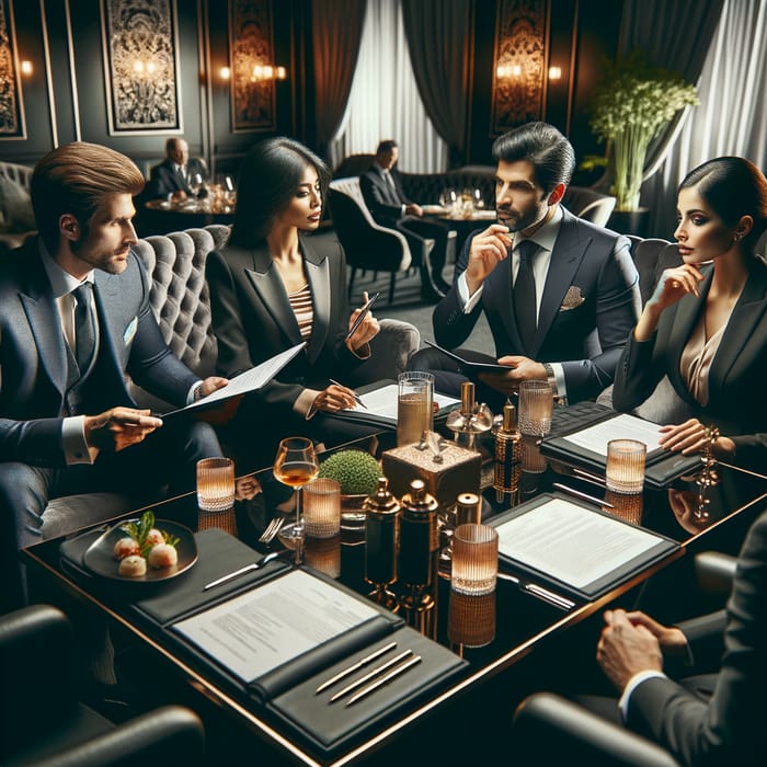 Rich Businessmen Meeting in Black Luxury Restaurant