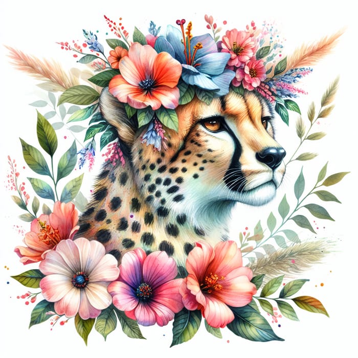 Watercolor Painting of Floral Cheetah Artwork