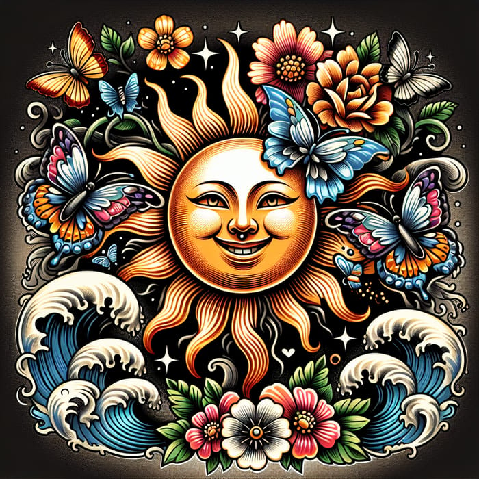 Radiant Sun Happiness Tattoo Design - Butterflies, Flowers, Ocean