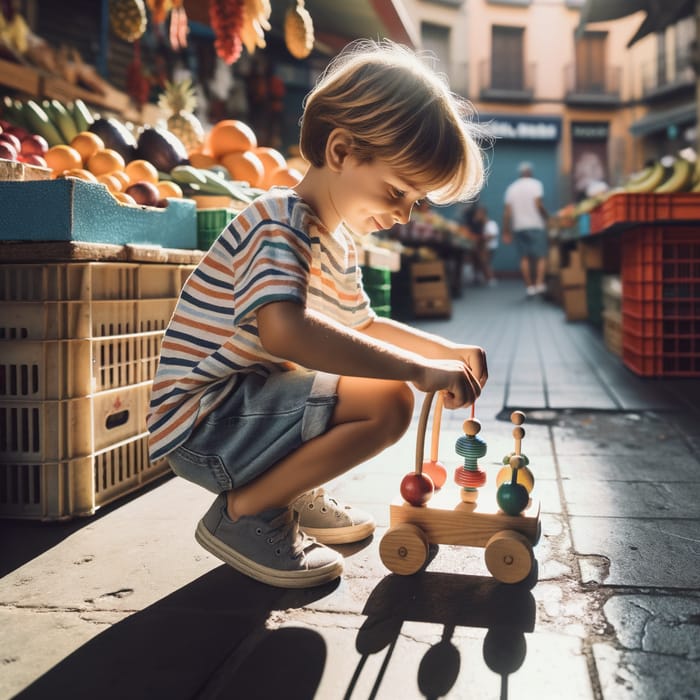Spanish Boy Playing with Traditional Wooden Toy in Local Market