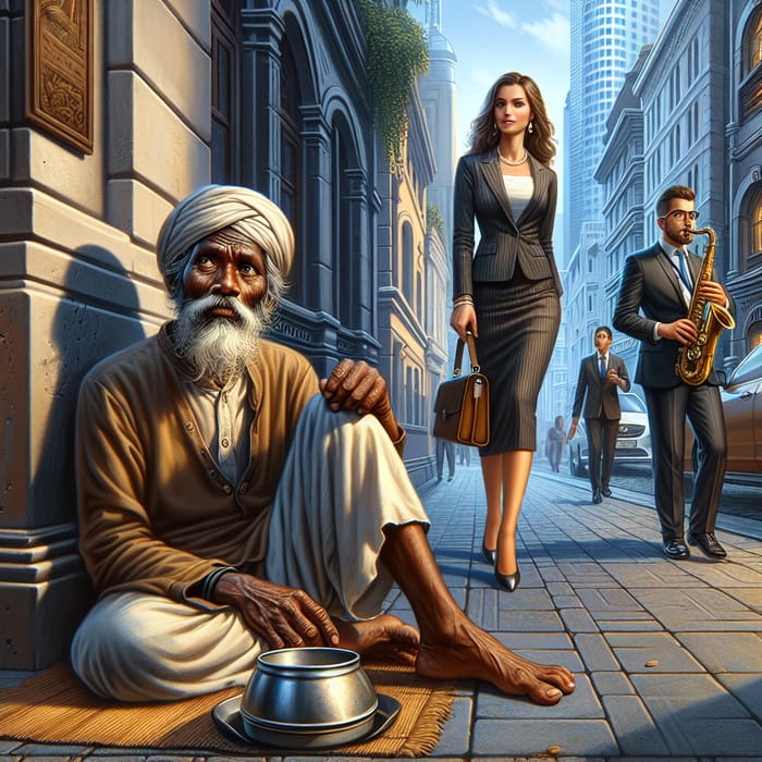 City Scene: South Asian Beggar, Businesswoman & Street Musician