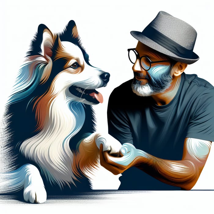 Man in Cap Playing with White, Black, Brown Dog
