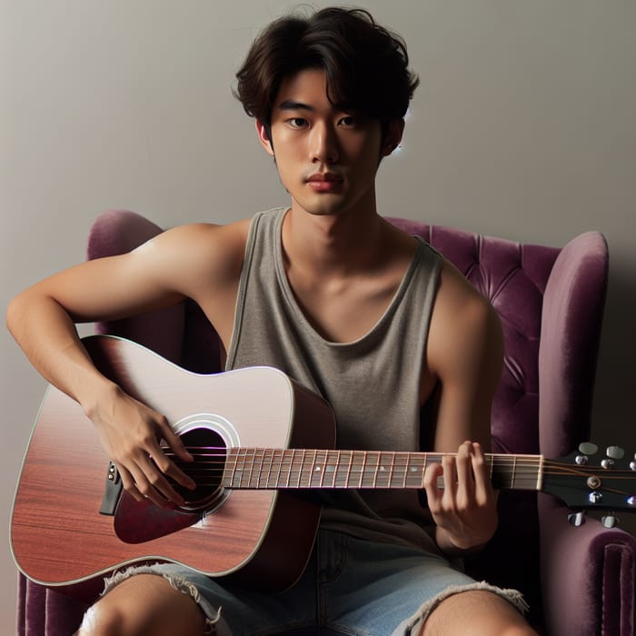 Young Asian Male Musician Seated on Plush Armchair in Denim Shorts and Tank Top