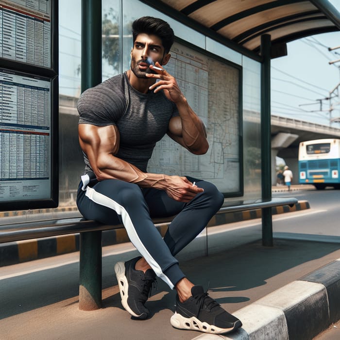 Muscular South Asian Man Waiting at Bus Stop