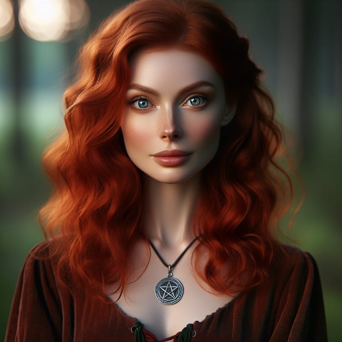 Red-Headed Pagan Woman with Long Hair in Enchanting Forest