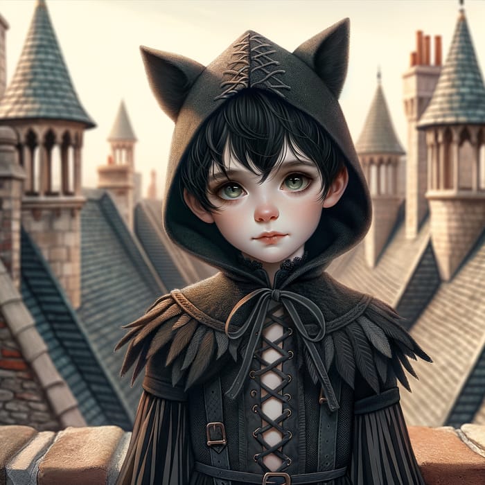 Enchanting Black Cat Fairy Boy on Medieval Rooftop