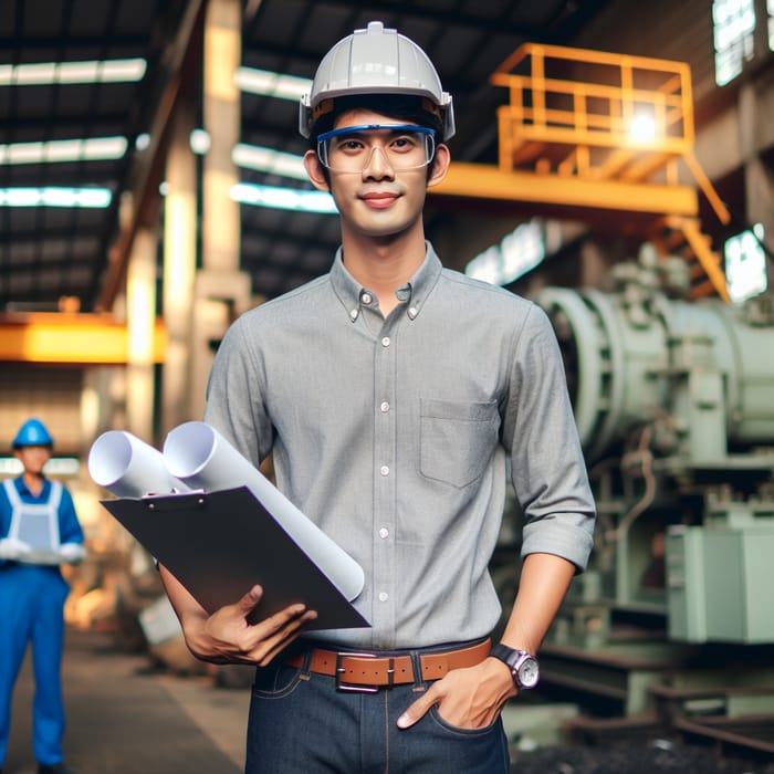 Male Engineer with Blueprint at Industrial Complex