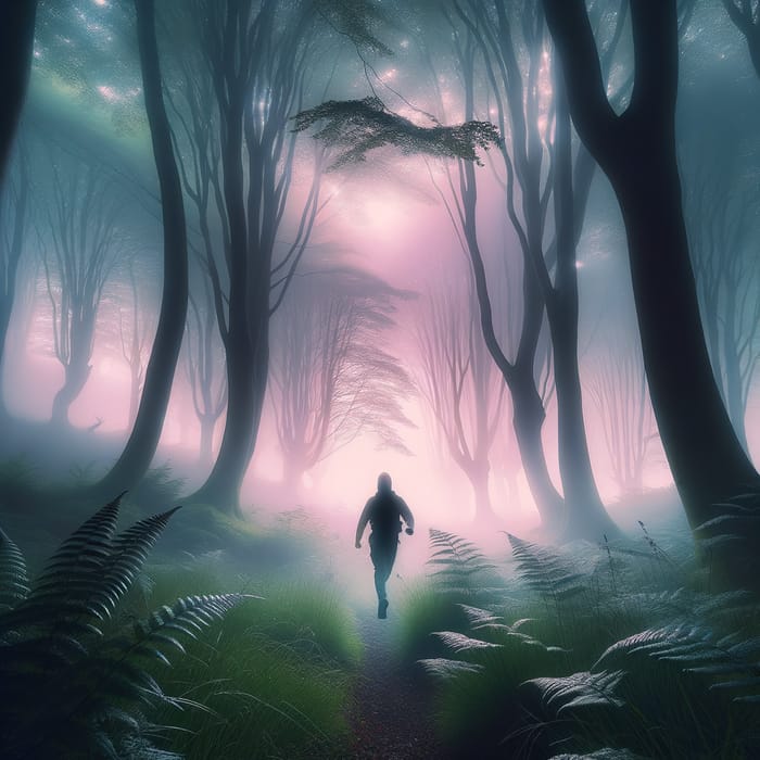 Enigmatic Silhouette Striding in Foggy Woodland - Enchanting Scene