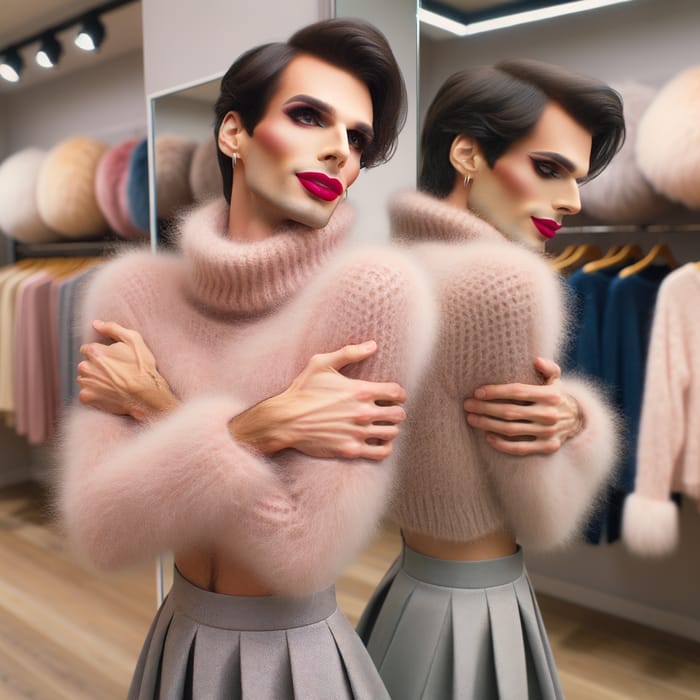 Feminized Slender Man in Angora Sweater Selects Fluffy Dress