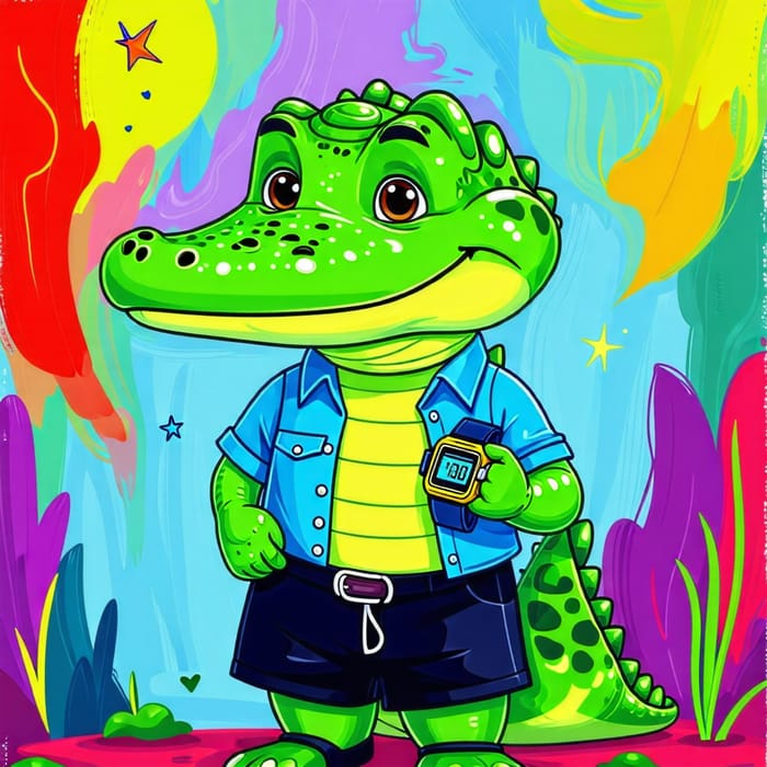 Whimsical Crocodile Digital Watch - Playful Children's Illustration