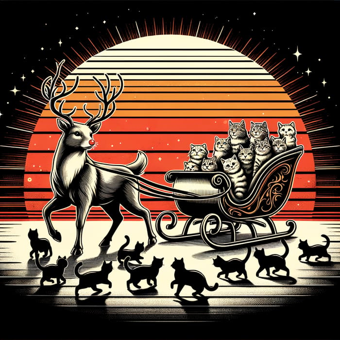 Vintage Red-Nosed Reindeer with Cats Leading Santa's Sleigh