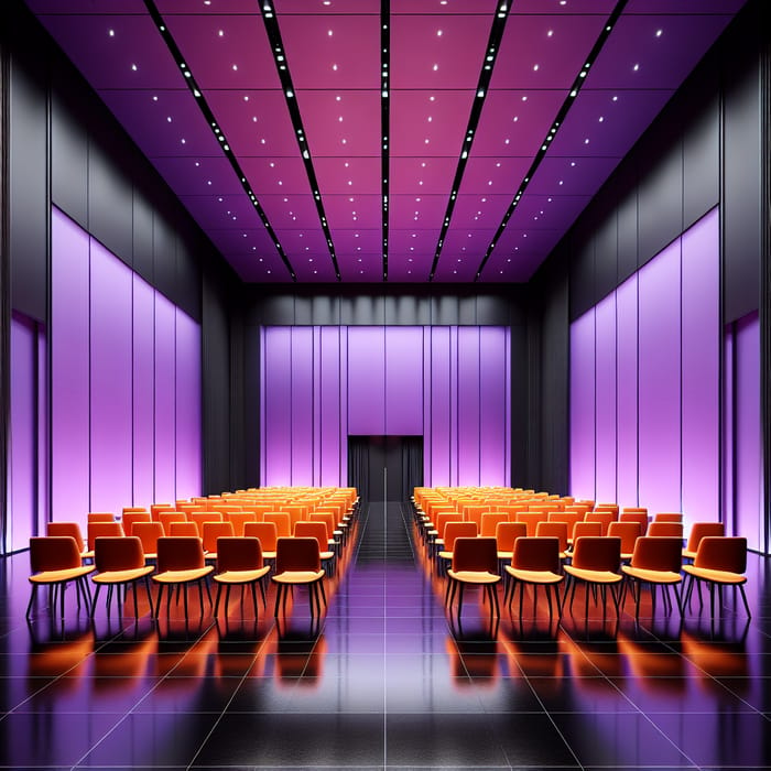 Elegant Conference Hall with Purple Walls & Orange Chairs