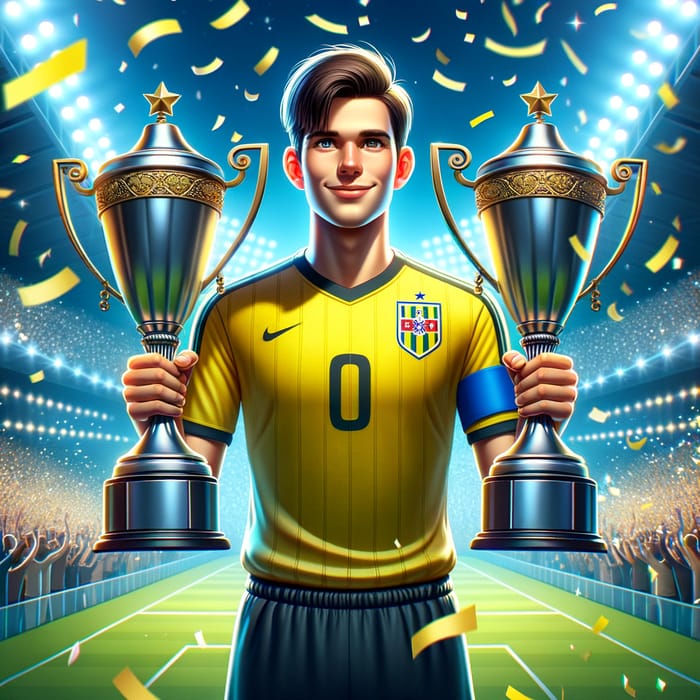Brazilian Soccer Champion with World Cup Trophies in Yellow Uniform