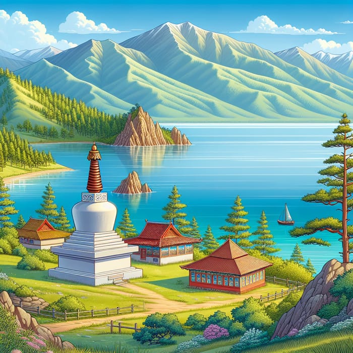 Serene Buddhist Stupa by Lake Baikal with Majestic Mountains