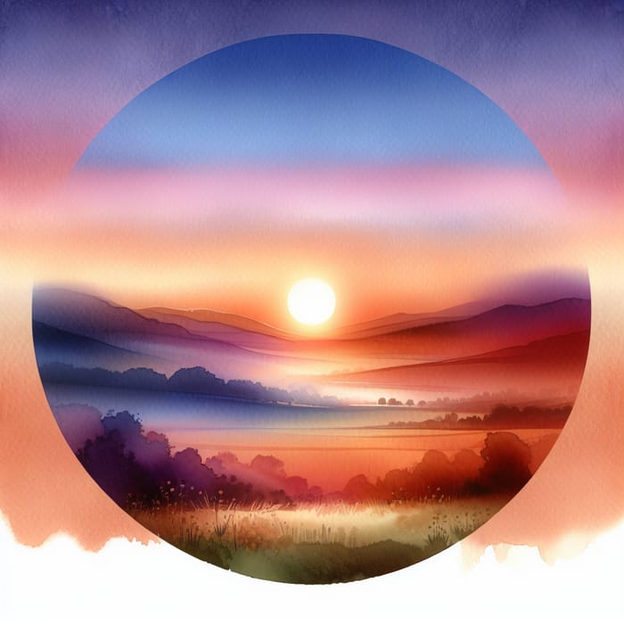 Serene Sunrise Watercolor Landscape Art - Tranquil Morning Scene