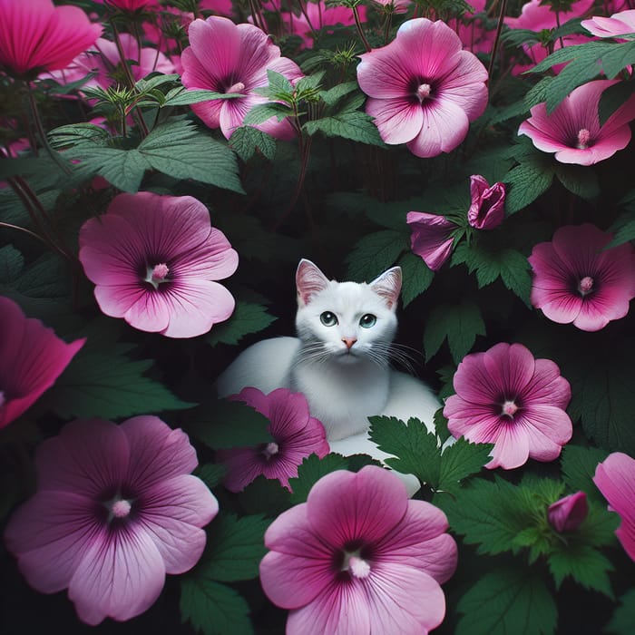 White Cat Surrounded by Pink Flowers - Floral Tranquility