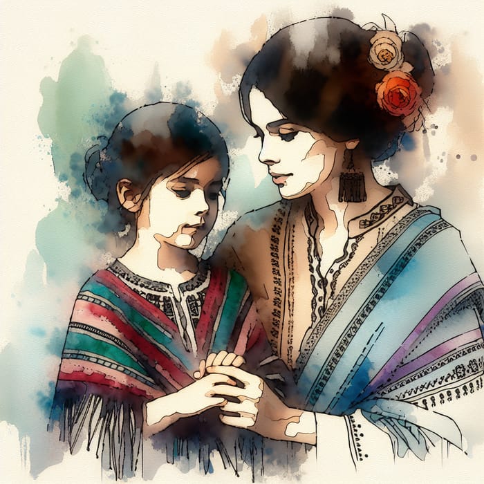 Beautiful Watercolor Painting of Mother and Daughter